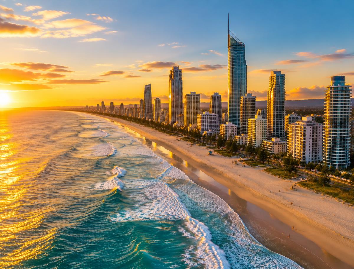 Gold Coast beach and skyline at golden hour