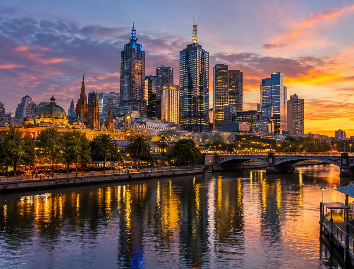 Melbourne skyline reflected in the Yarra River at dusk