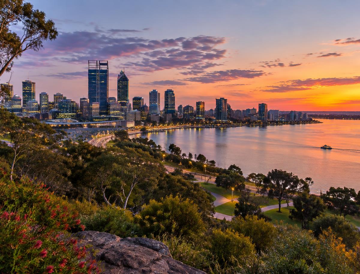 Perth skyline and Swan River seen from Kings Park at dusk
