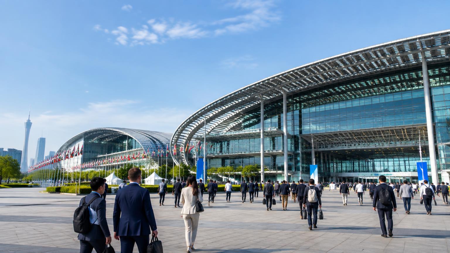 Original view of international business visitors approaching a modern Guangzhou exhibition complex