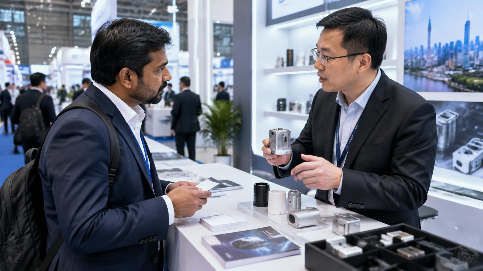 Original scene of an Indian business buyer meeting a Chinese manufacturer at an exhibition