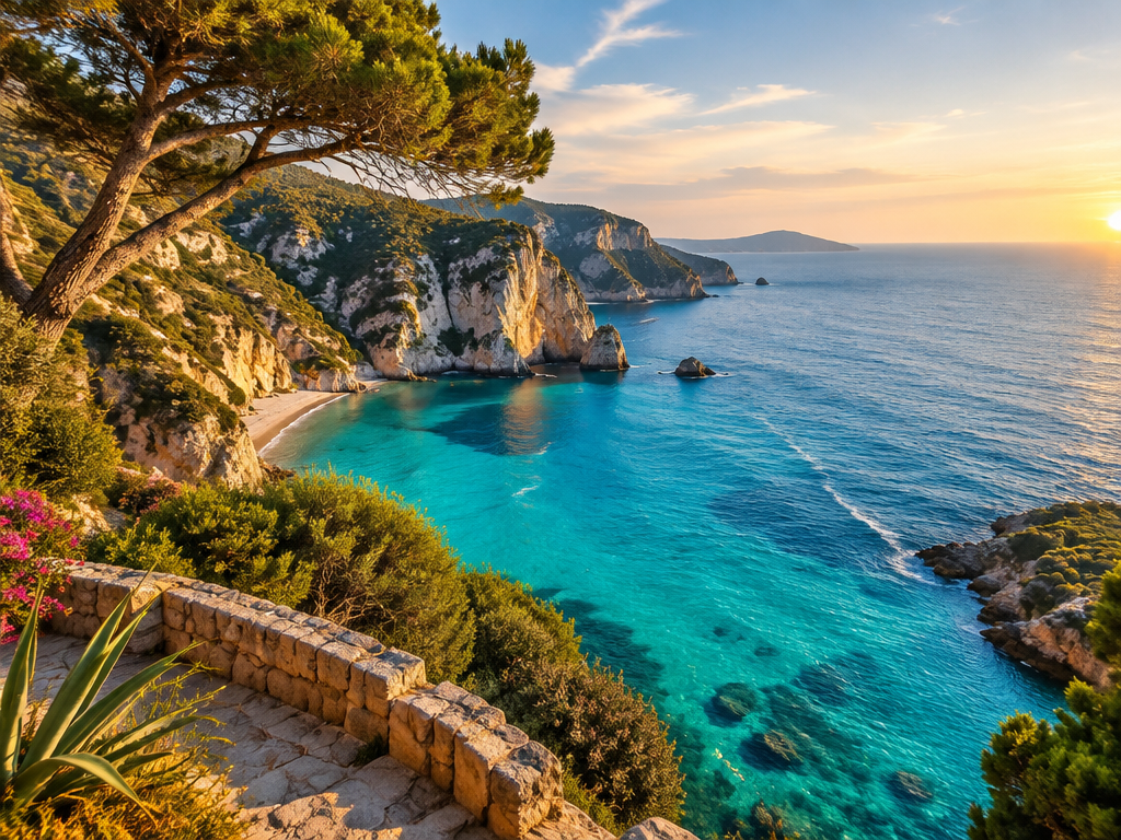 Mediterranean coastline with turquoise water at sunset