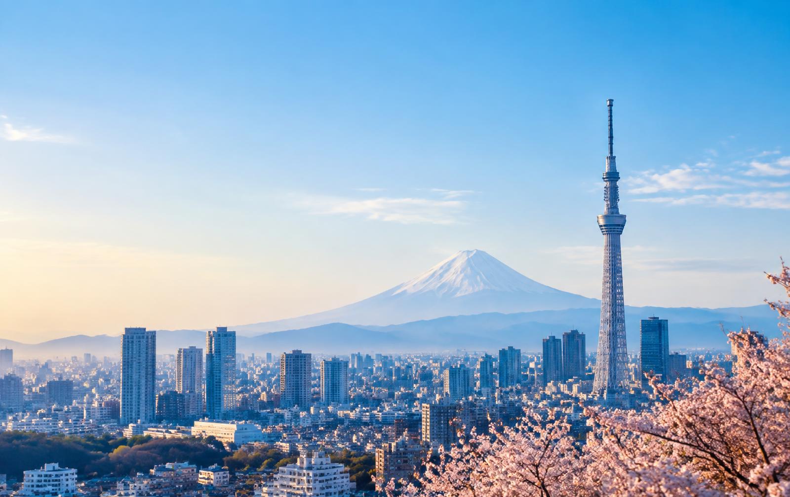 Tokyo skyline, Mount Fuji and cherry blossoms in Japan