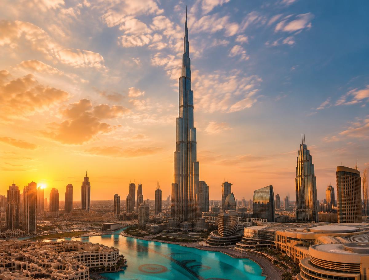 Burj Khalifa rising above downtown Dubai at sunset