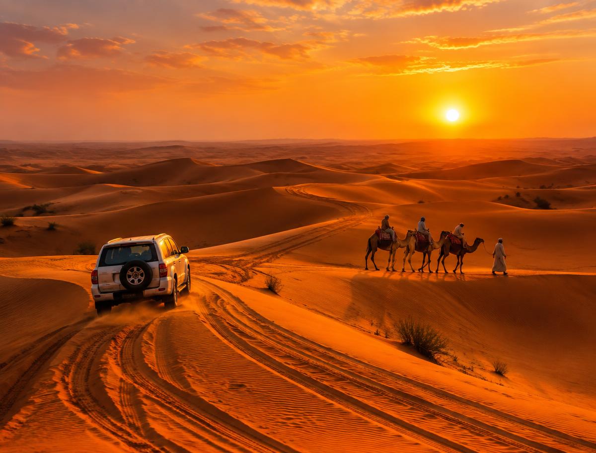 Red sand dunes at sunset on a Dubai desert safari