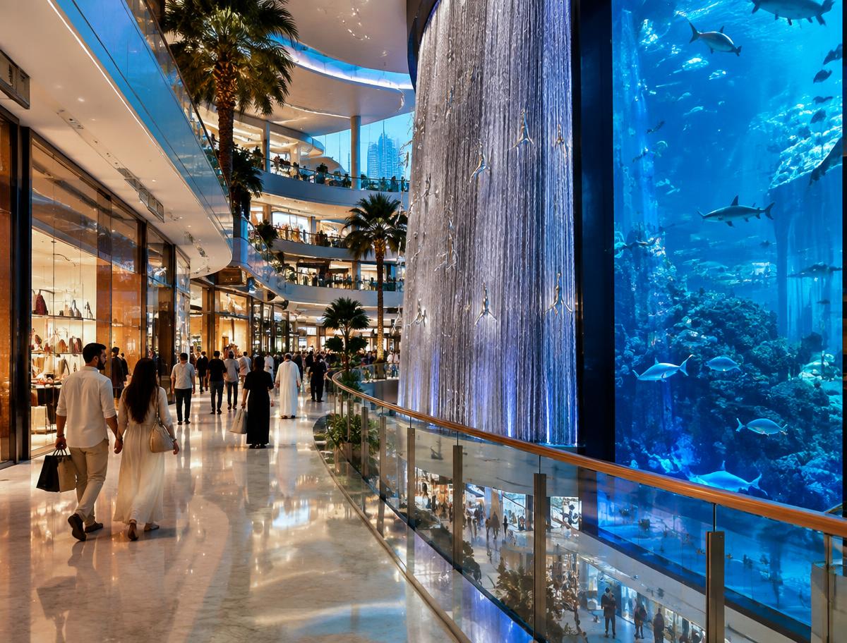 Shopping mall interior in Dubai with a large aquarium wall