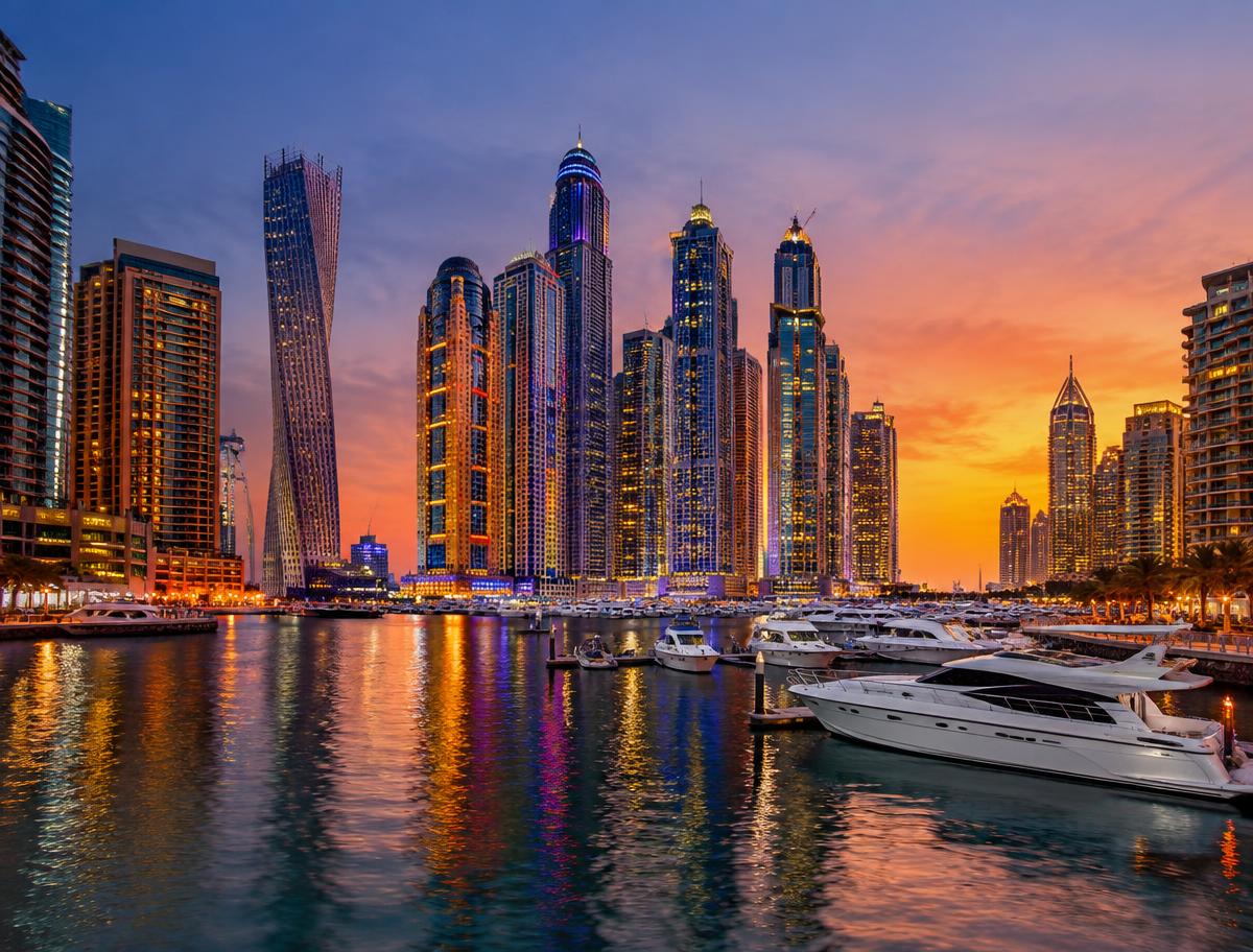 Dubai Marina skyline lit up at dusk