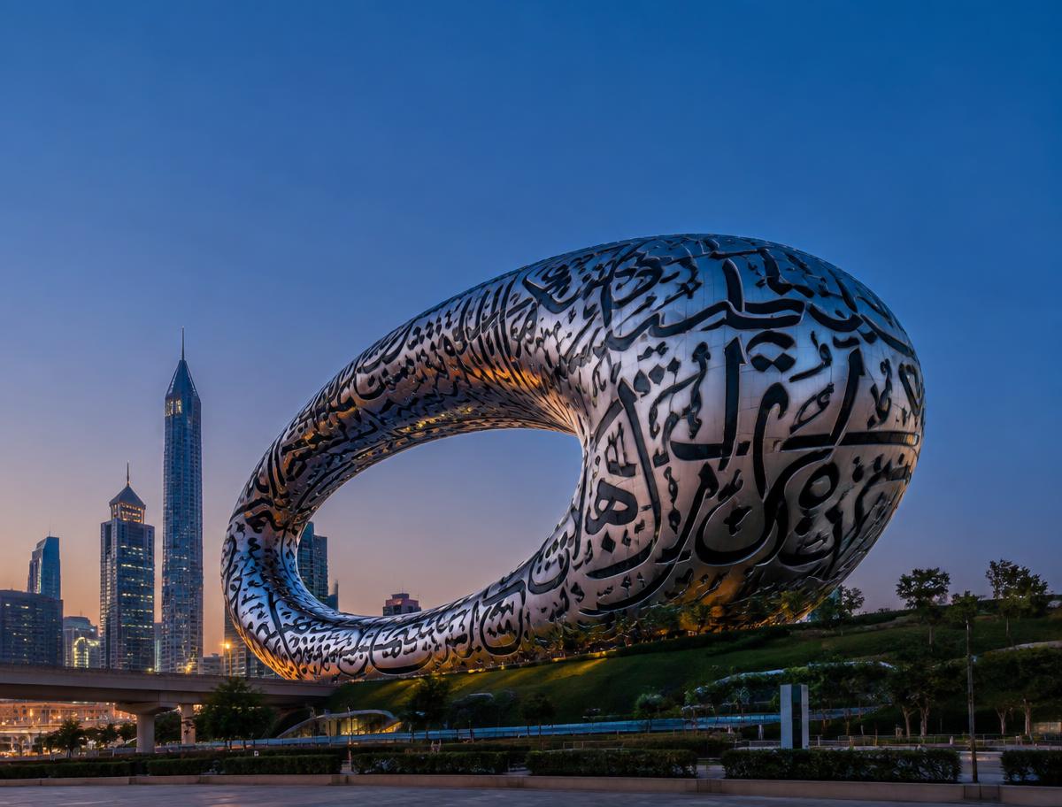 Futuristic ring-shaped museum building in Dubai at blue hour