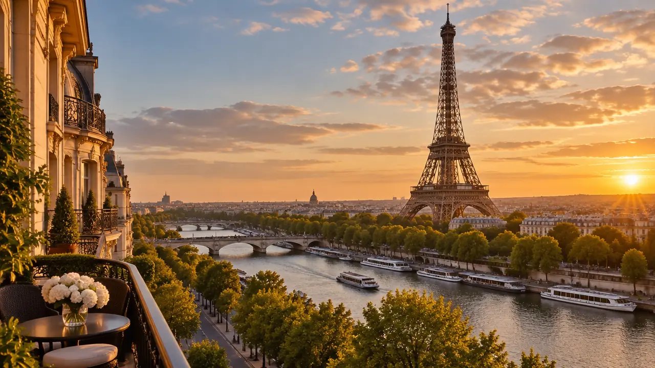 Paris France Eiffel Tower and the Seine at golden hour