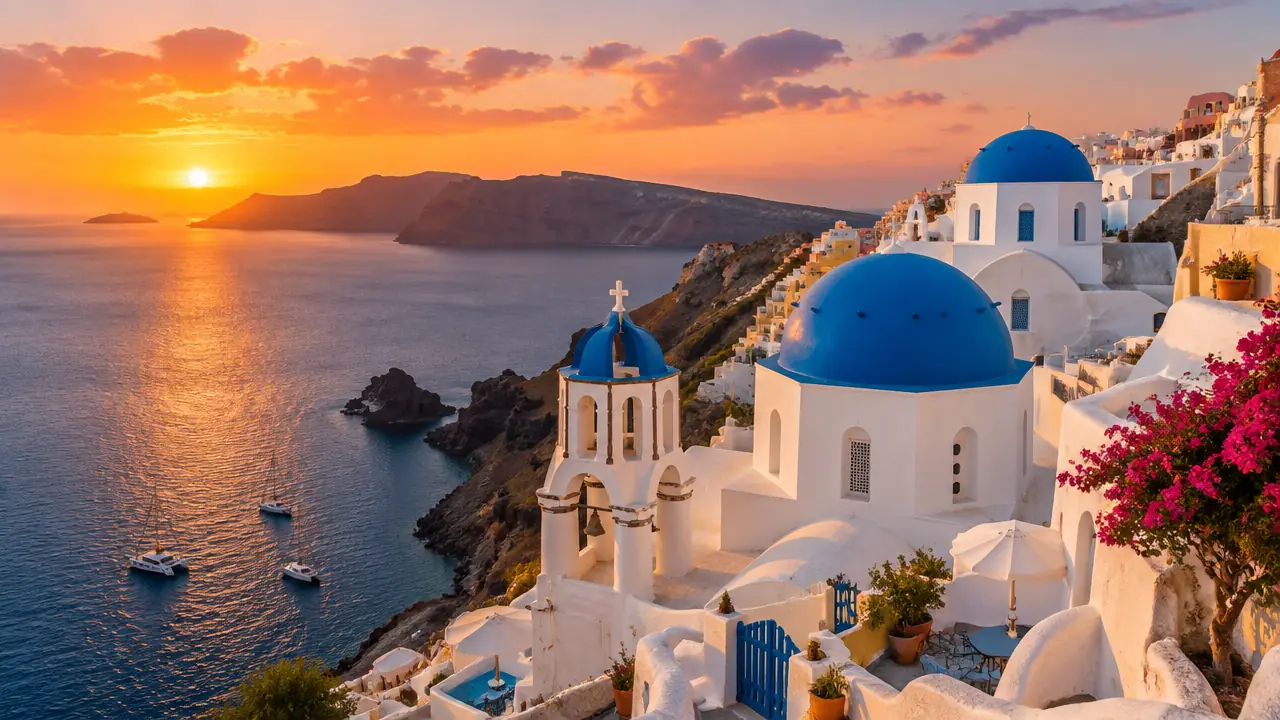 Santorini Greece white buildings with blue domes above the Aegean Sea