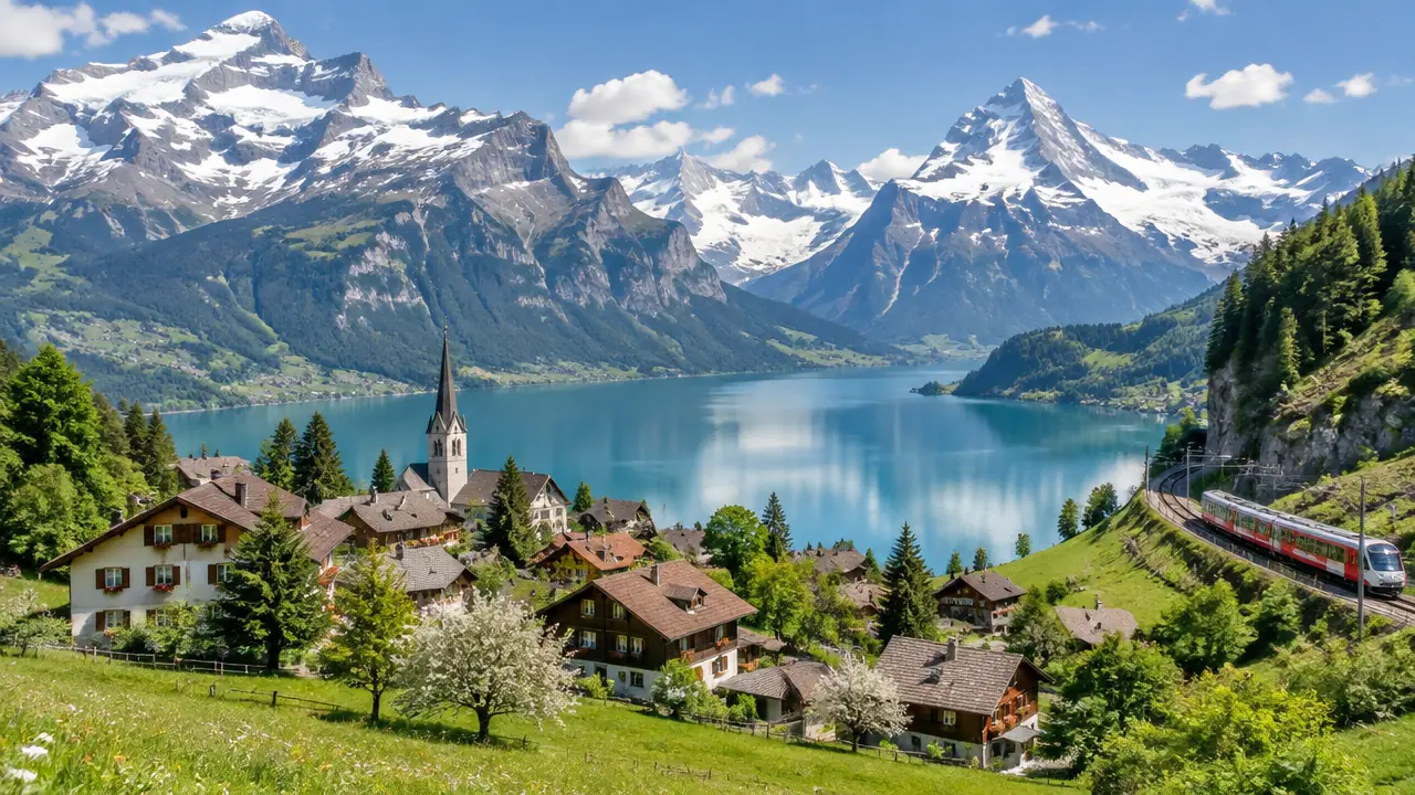 Swiss Alps Switzerland mountains, lake and Alpine village