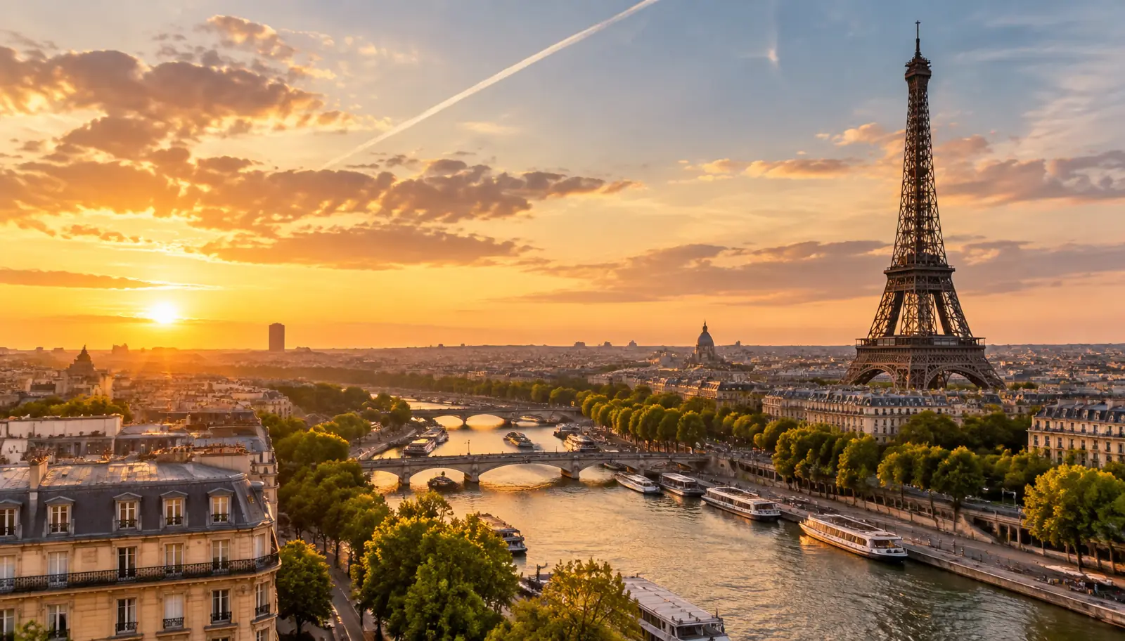 Paris skyline and European travel at golden hour