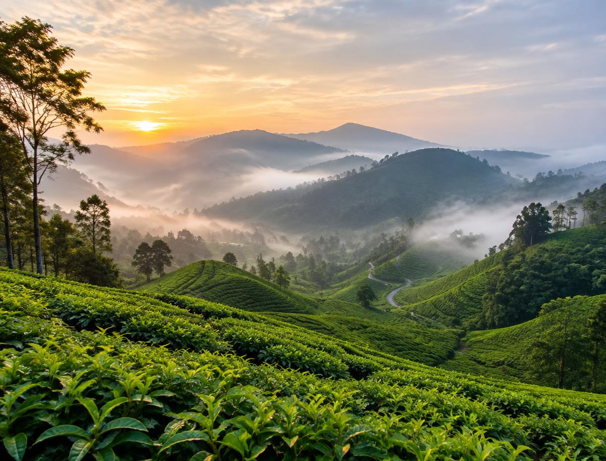 Misty tea plantation hills in the Malaysian highlands at dawn