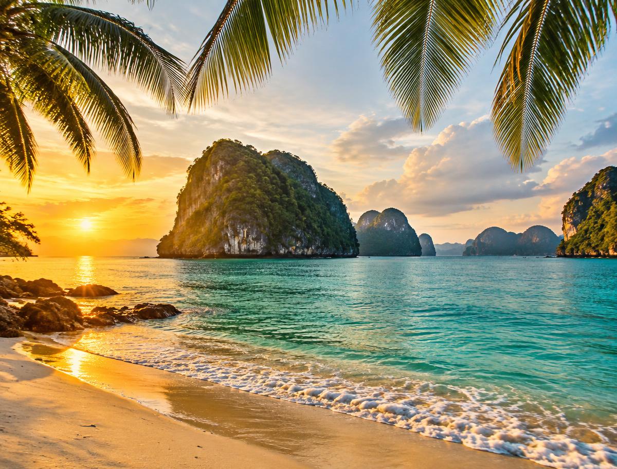 Langkawi beaches at golden hour with limestone islands