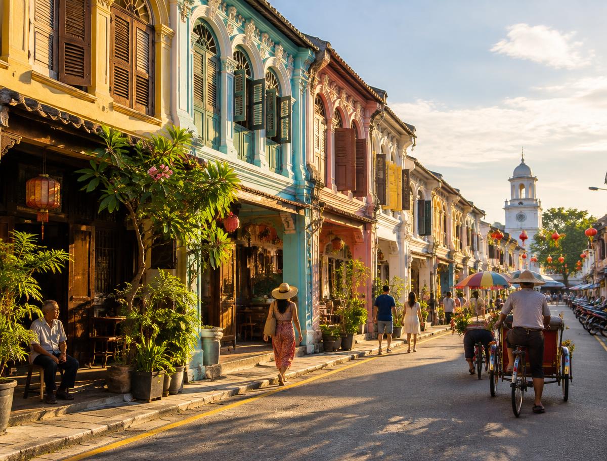 Colourful heritage shophouse street in George Town, Penang