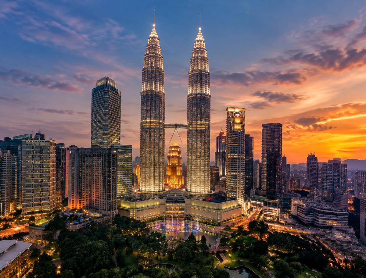 Petronas Twin Towers and the Kuala Lumpur skyline at dusk