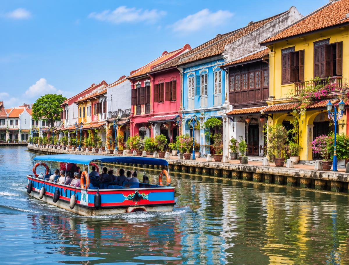 Painted heritage houses along the Malacca river with a tourist boat
