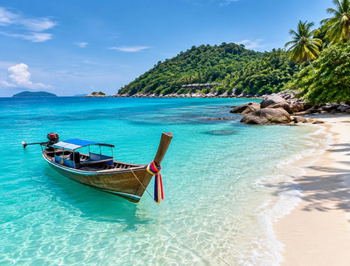 Turquoise water and white sand beach with a longtail boat in Malaysia