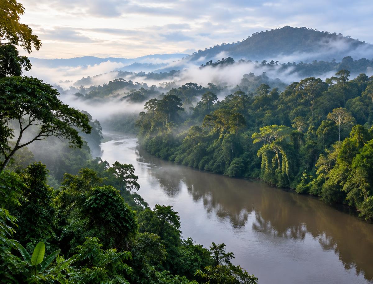 Misty rainforest and river in Borneo, Sabah Malaysia
