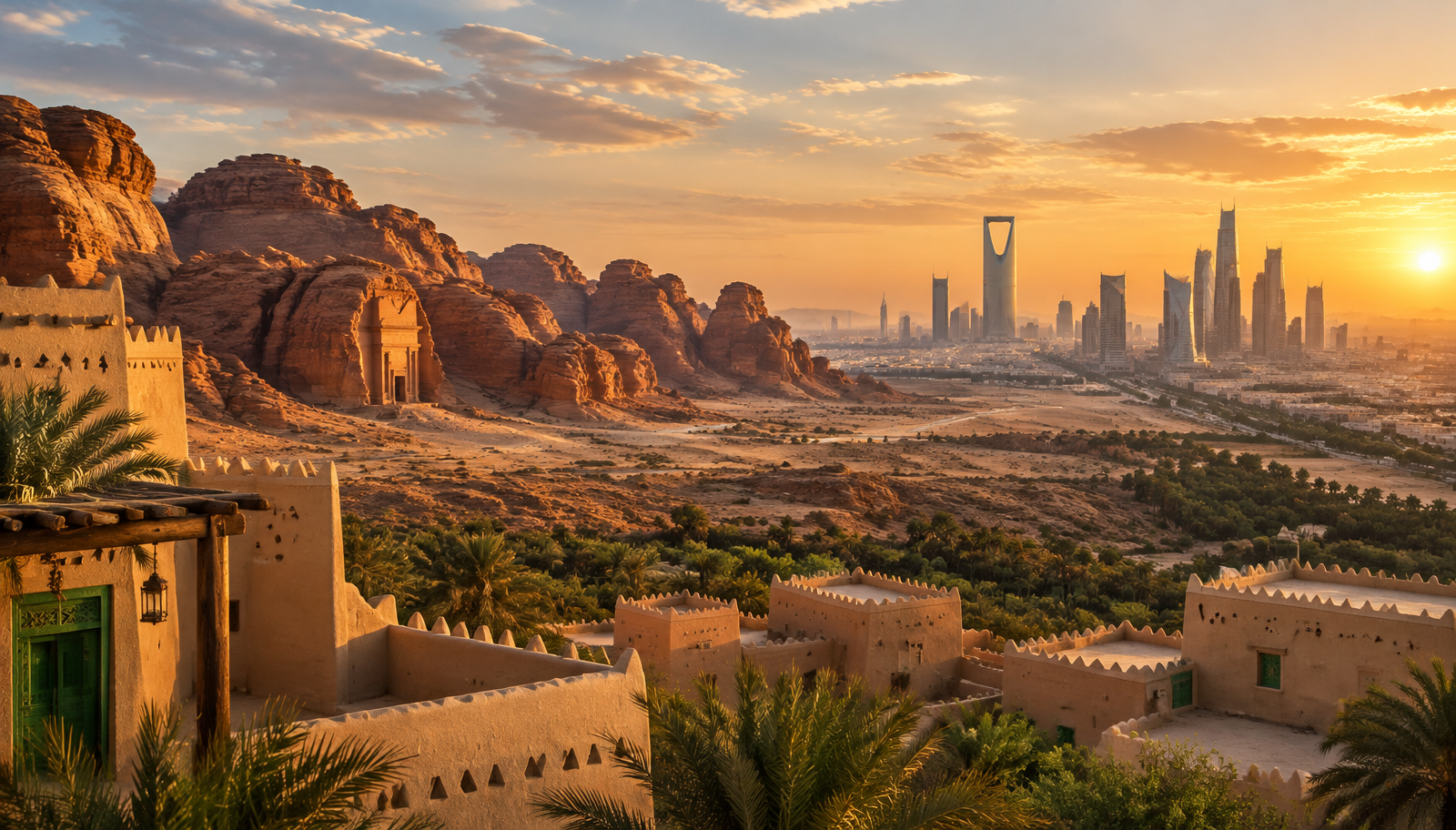 Riyadh skyline, AlUla landscape and Saudi heritage architecture