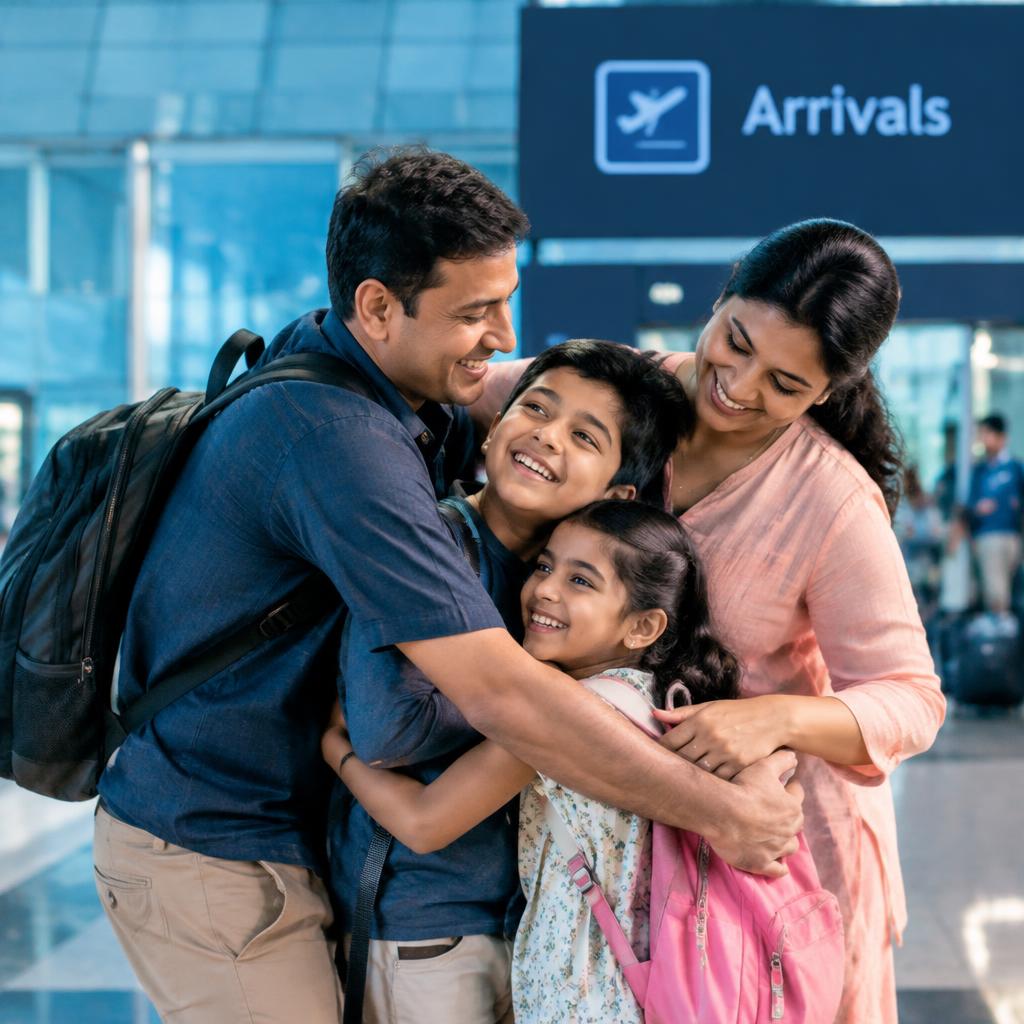 Family meeting at an airport arrivals area