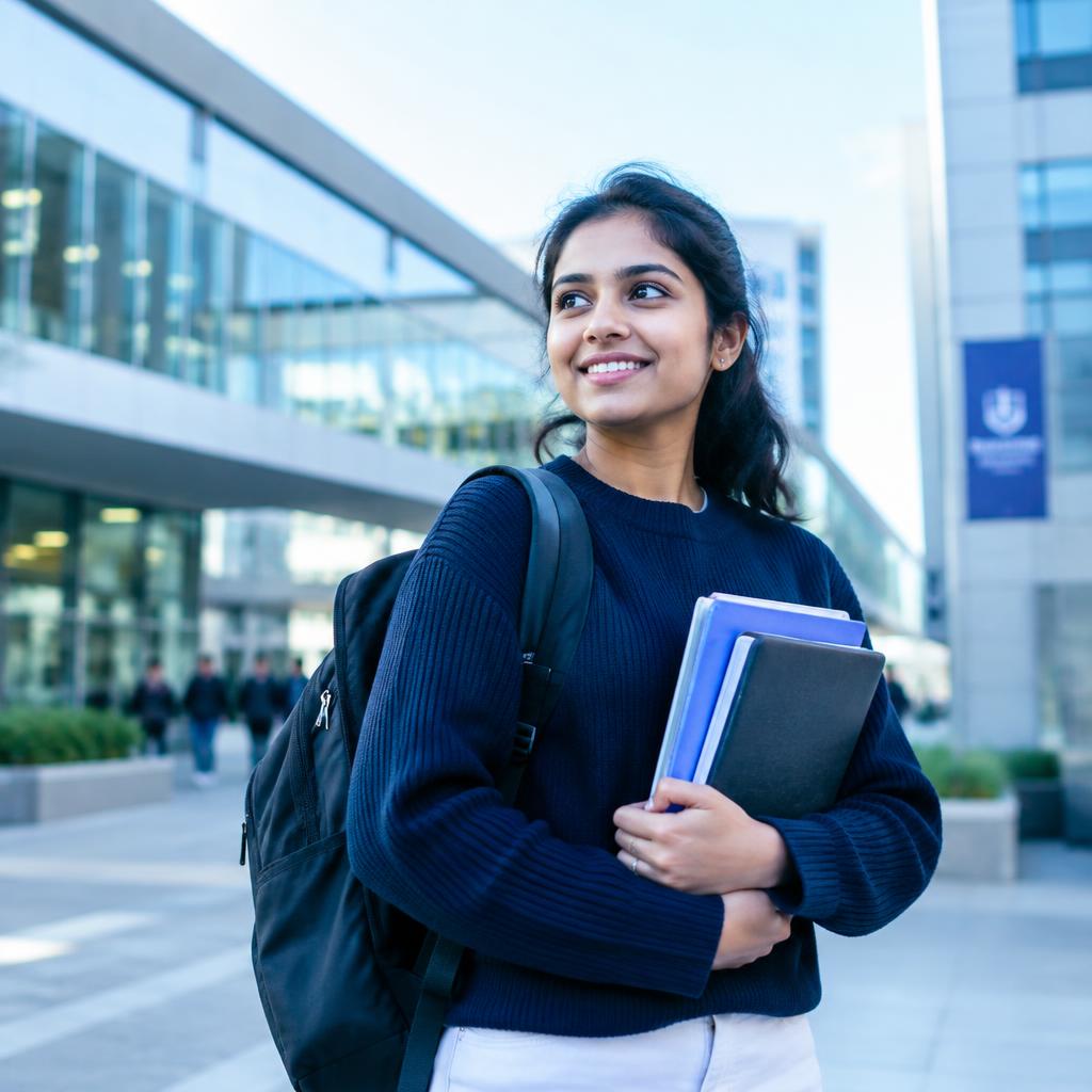 International student walking on a university campus