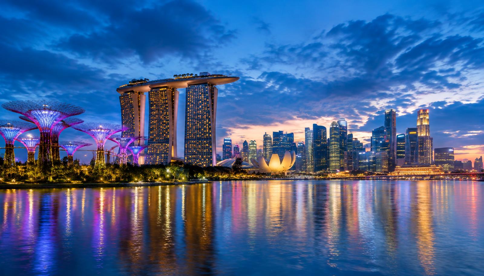 Marina Bay Sands, Gardens by the Bay and Singapore skyline at blue hour
