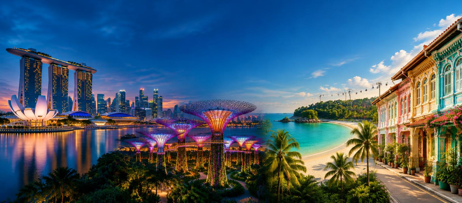 Singapore skyline, Gardens by the Bay, Sentosa beach and heritage architecture