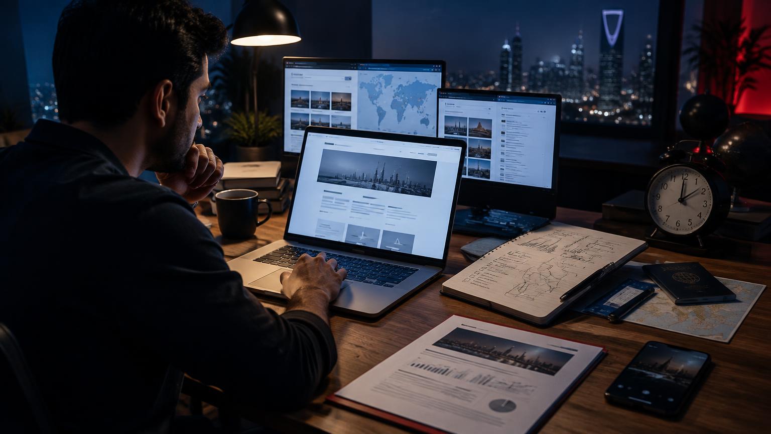 A founder researching and building a new business late at night