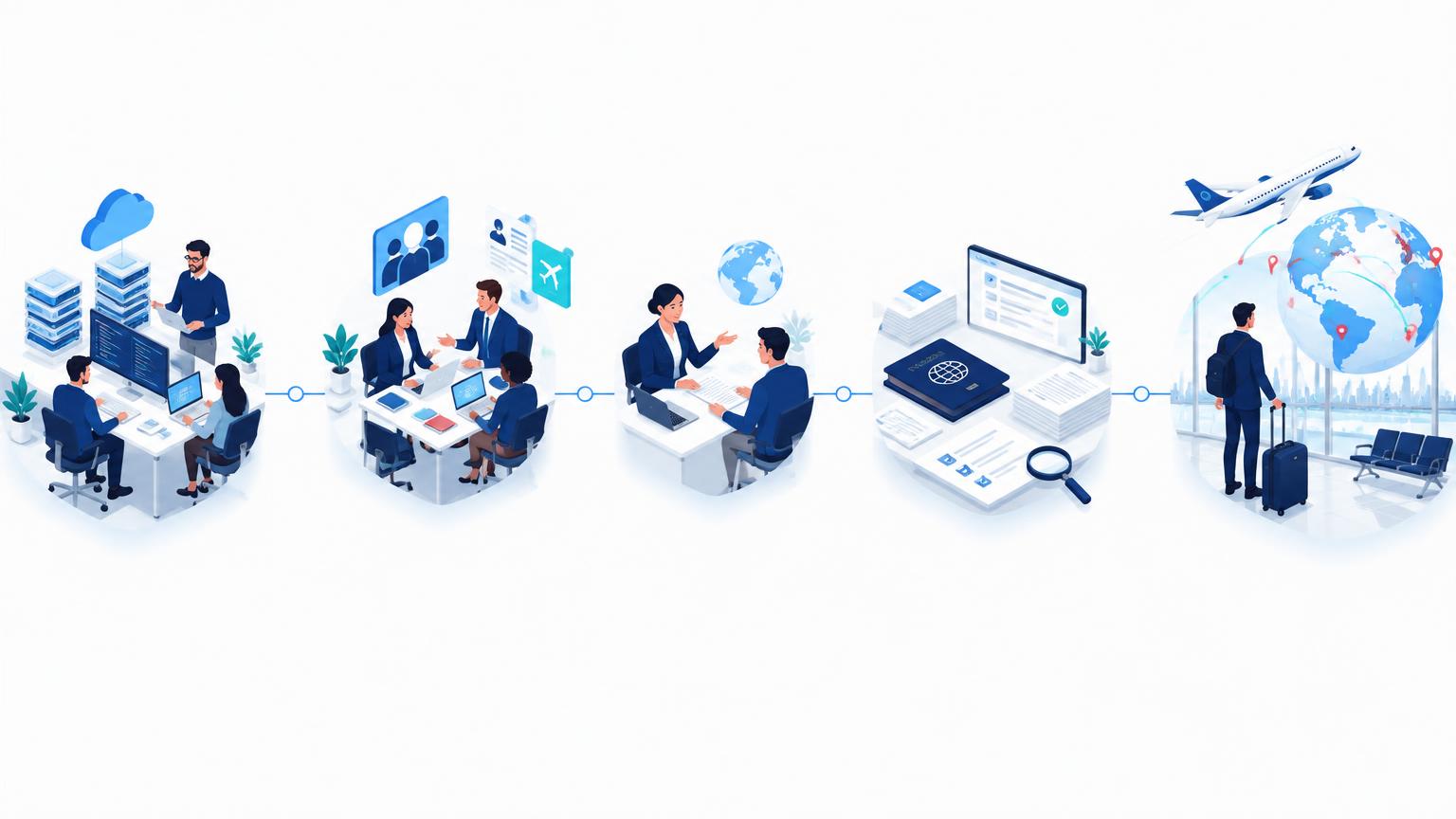 A visual flow connecting technology companies, HR teams, Visadesk assistance and international business travel