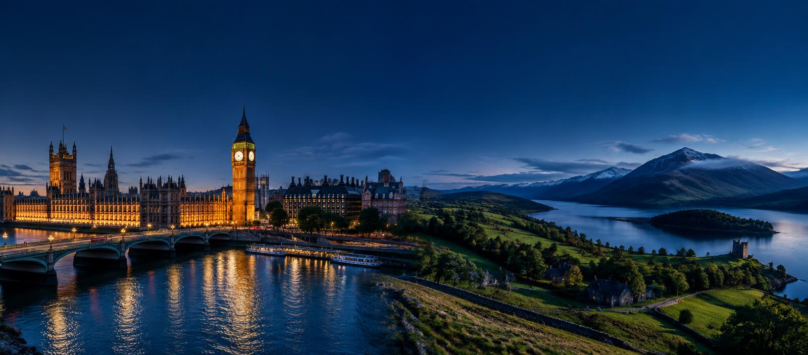 United Kingdom travel – London and the British countryside at blue hour