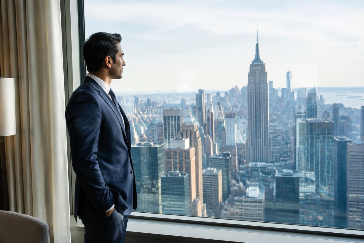 Indian business traveller overlooking a New York business district skyline – USA B1 business visa