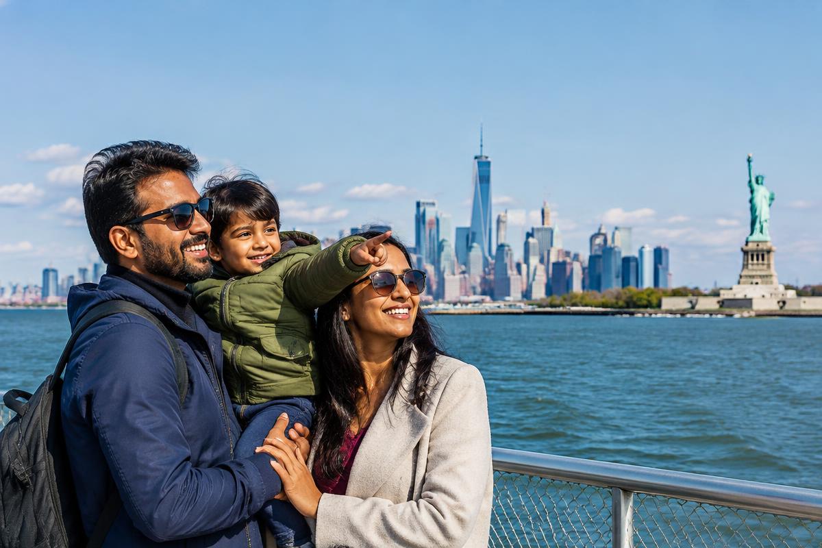 Indian family exploring the New York waterfront with the Manhattan skyline – USA B2 tourist visa