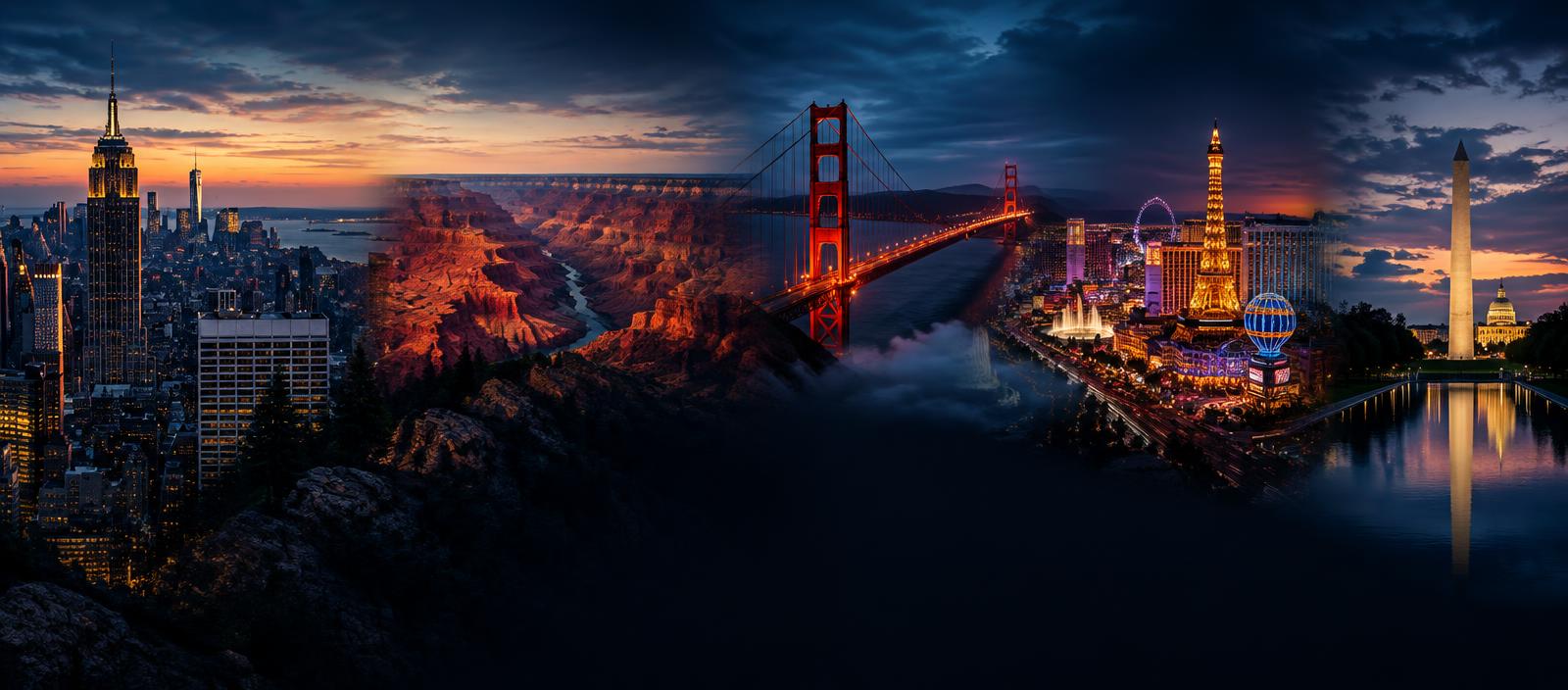 Collage of New York, Grand Canyon, Golden Gate Bridge, Las Vegas and Washington DC – USA travel
