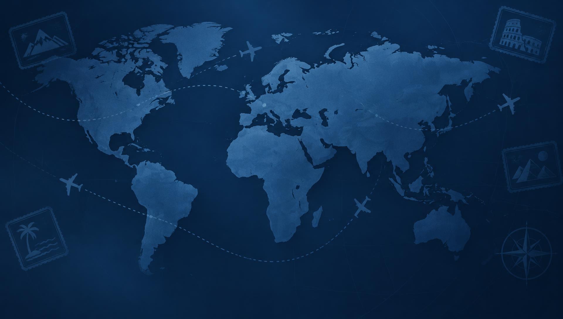 Stylised world map with flight paths and passport stamp motifs