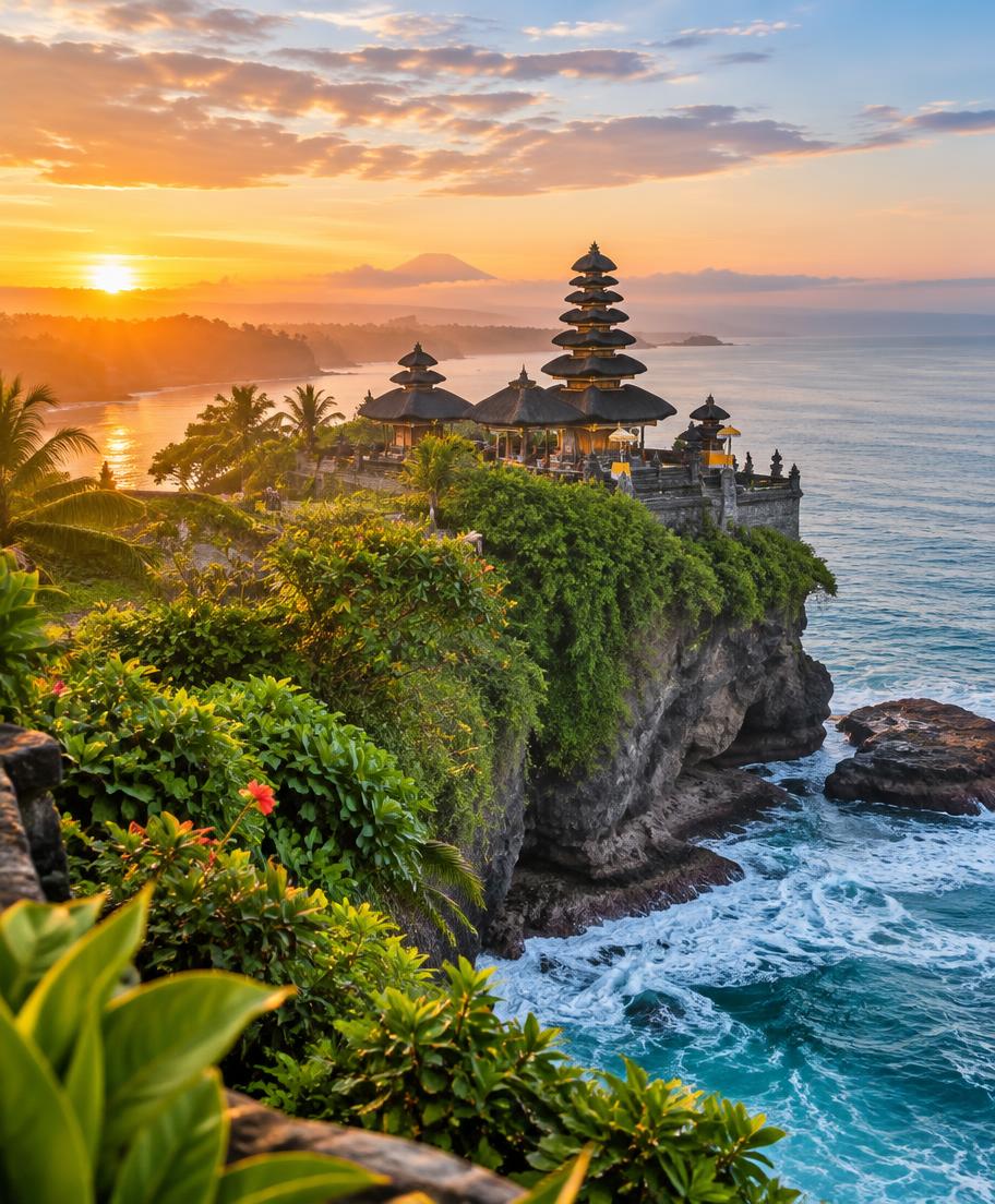 Coastal temple and tropical landscape in Bali, Indonesia