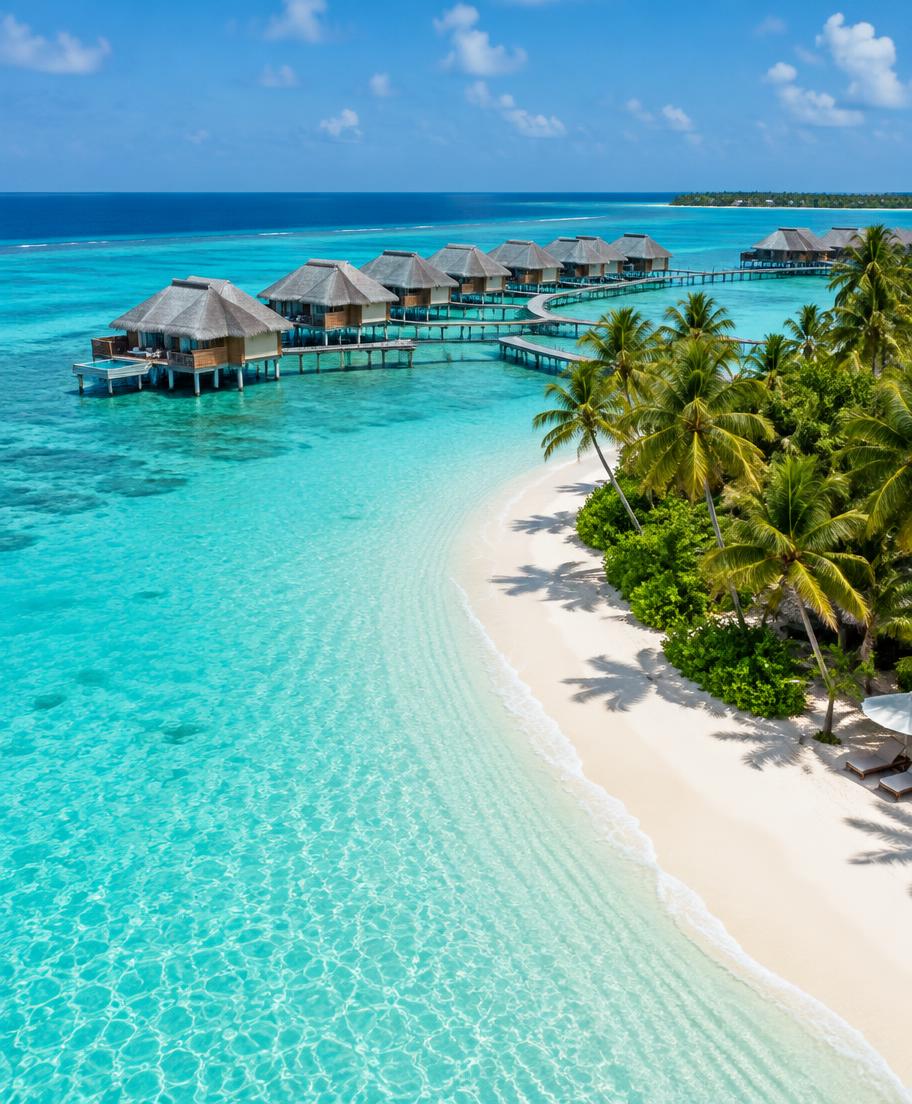 Turquoise lagoon and overwater villas in the Maldives