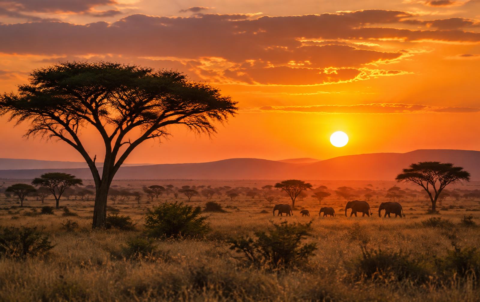 Acacia tree and elephants on the Serengeti plains at sunset