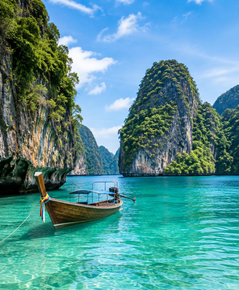 Long-tail boat beside limestone islands in Thailand