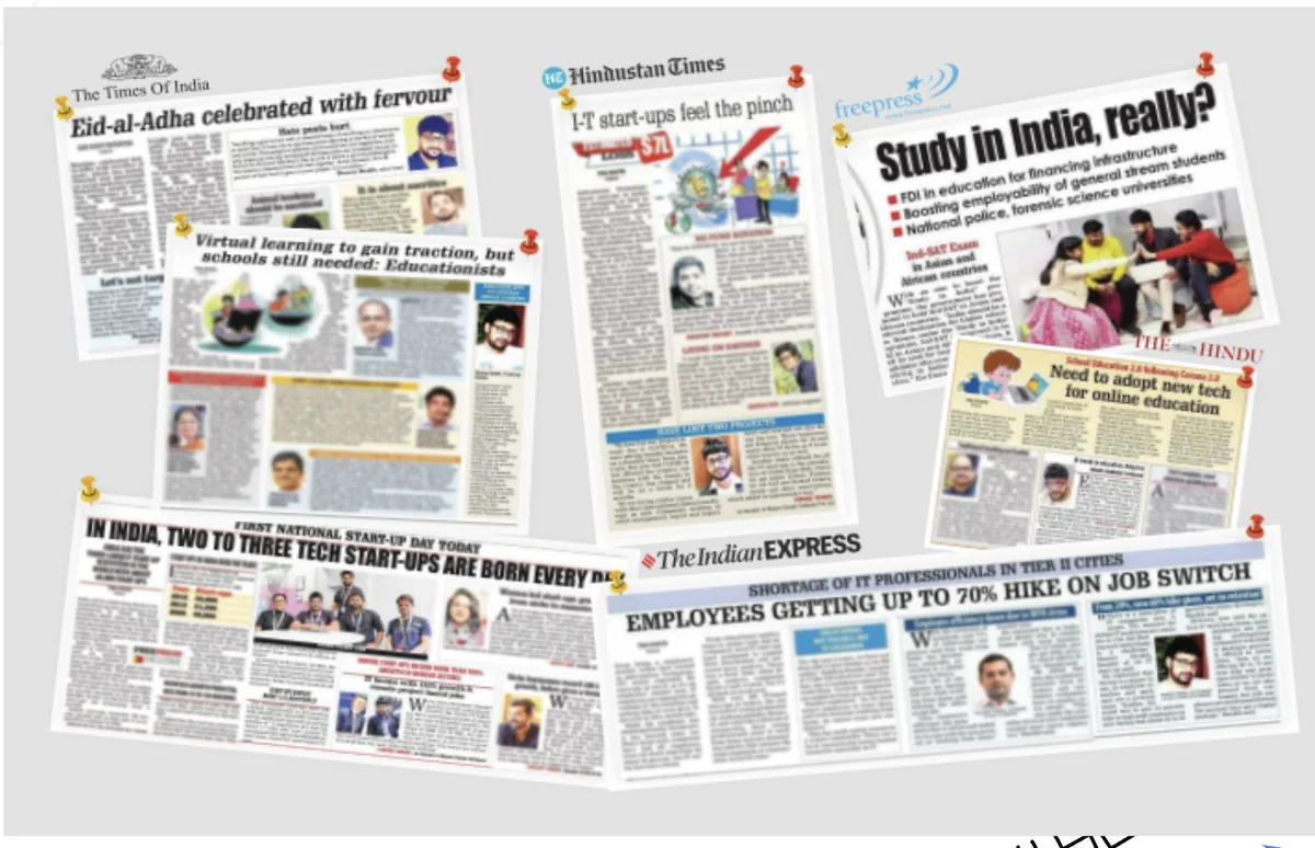 Collection of newspaper and media coverage featuring Shawez Shaikh across Indian publications