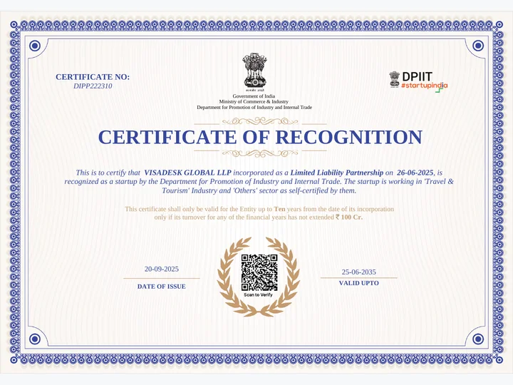 DPIIT Startup Recognition issued to Visadesk Global LLP
