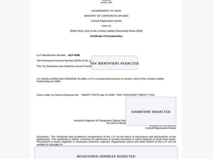 Certificate of Incorporation issued to Visadesk Global LLP